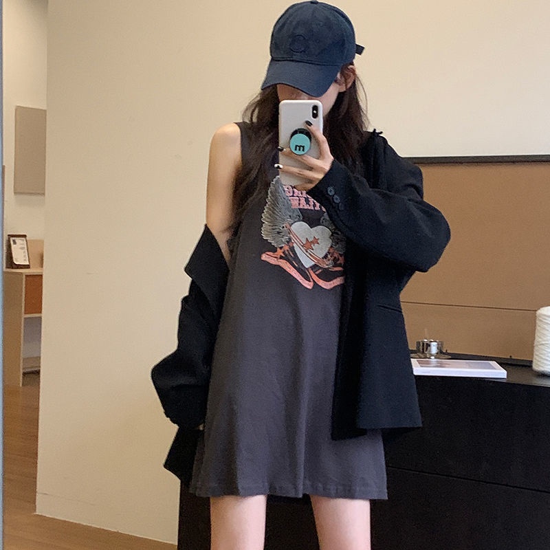 COZOK Đầm Lửng Không Tay Dáng Rộng In Họa Tiết Thời Trang Gợi Cảm Dành Cho Nữ