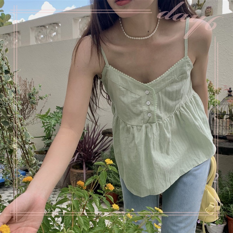 Áo Hai Dây Cổ Chữ V Phối Ren Phong Cách Hàn Quốc Thời Trang Mùa Hè Cho Nữ