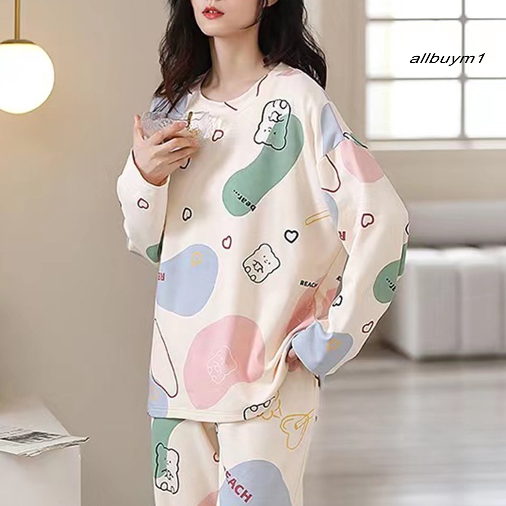 Bộ Đồ Ngủ 2 Món Gồm Áo Tay Dài Cổ Tròn + Quần Dài Lưng Thun In Họa Tiết Hoạt Hình Cho Nữ