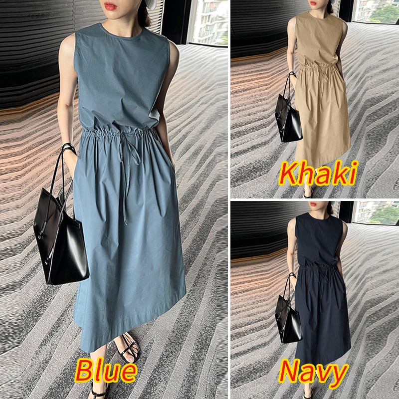 ZANZEA Đầm Midi Không Tay Cổ Tròn Dây Rút Lưng Eo Có Túi Thời Trang Cho Nữ
