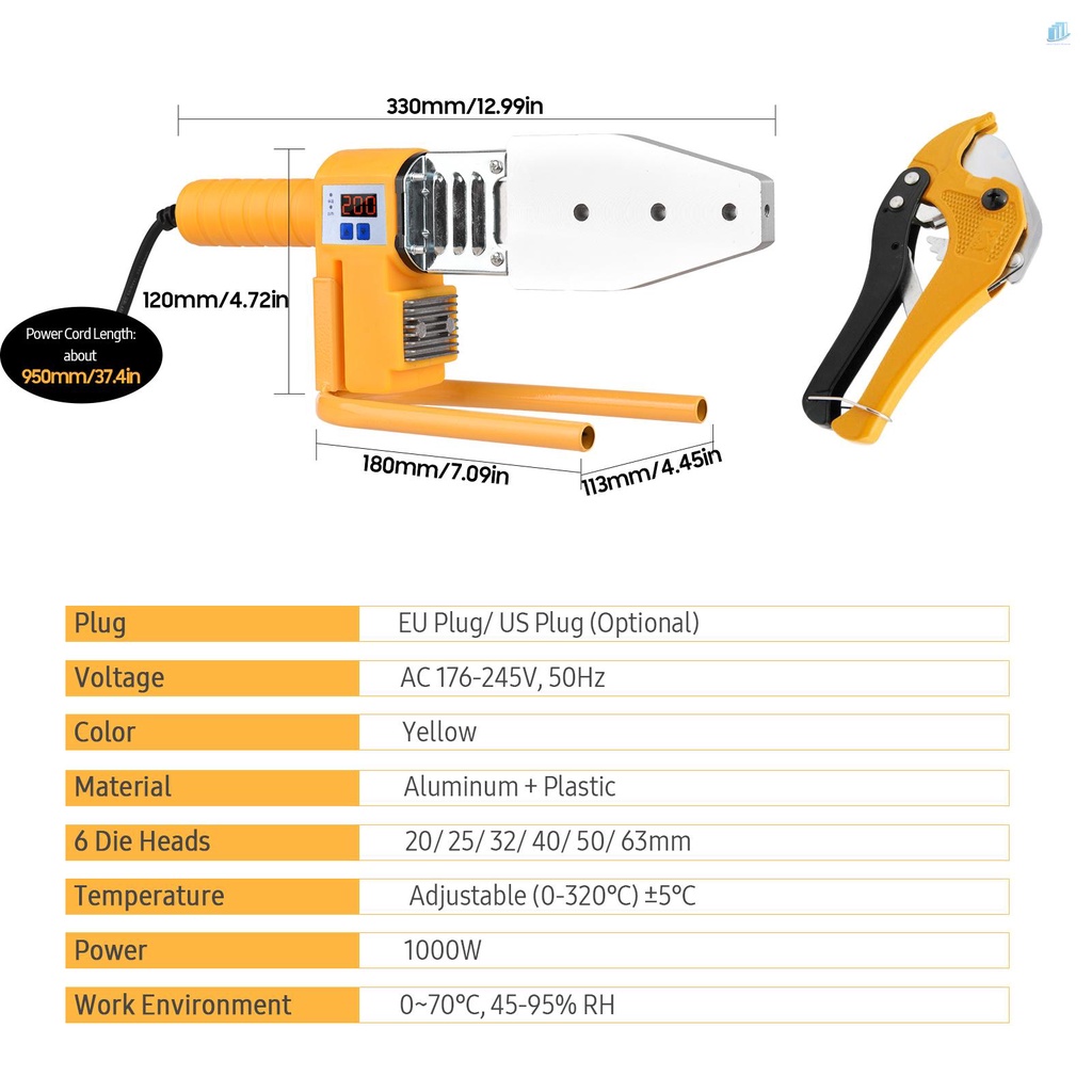 Máy Hàn Bằng Nhựa 0-3200 Chuyên Dụng°C Máy Hàn Kỹ Thuật Số 6 Đầu Tản Nhiệt 20 / 25 / 32 / 40 / 50 / 63mm 1000W Electr