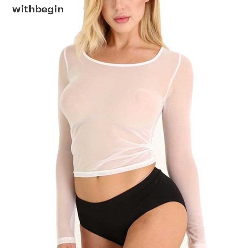 Áo Thun Lưới Tay Dài Cổ Lọ Màu Trắng Đen Xuyên Thấu Quyến Rũ Cho Nữ