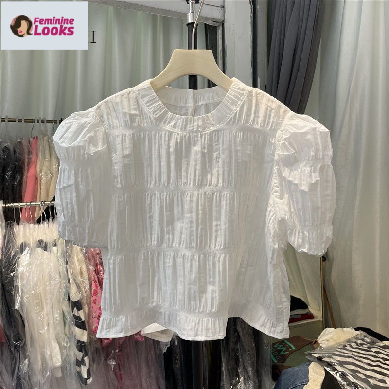 Áo Kiểu Chiffon Tay Phồng Ngắn Cổ Tròn Xếp Ly Phong Cách Hàn Quốc