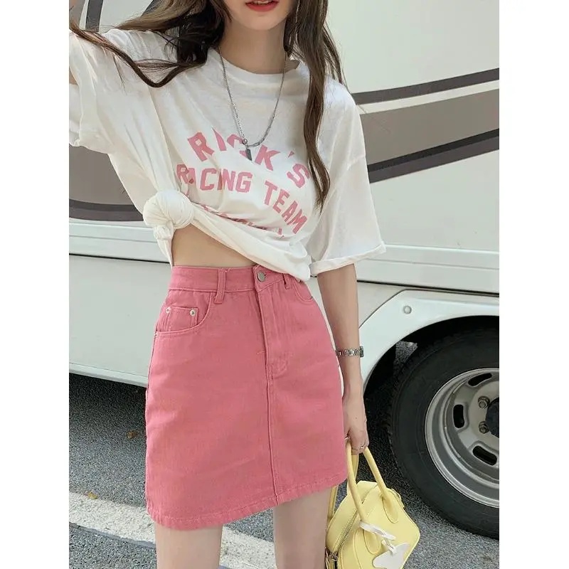 IELGY    Chân váy jean Ngắn Dáng Chữ A Lưng Cao Màu Sắc Kẹo Ngọt Phong Cách Hàn Quốc Cho Nữ
