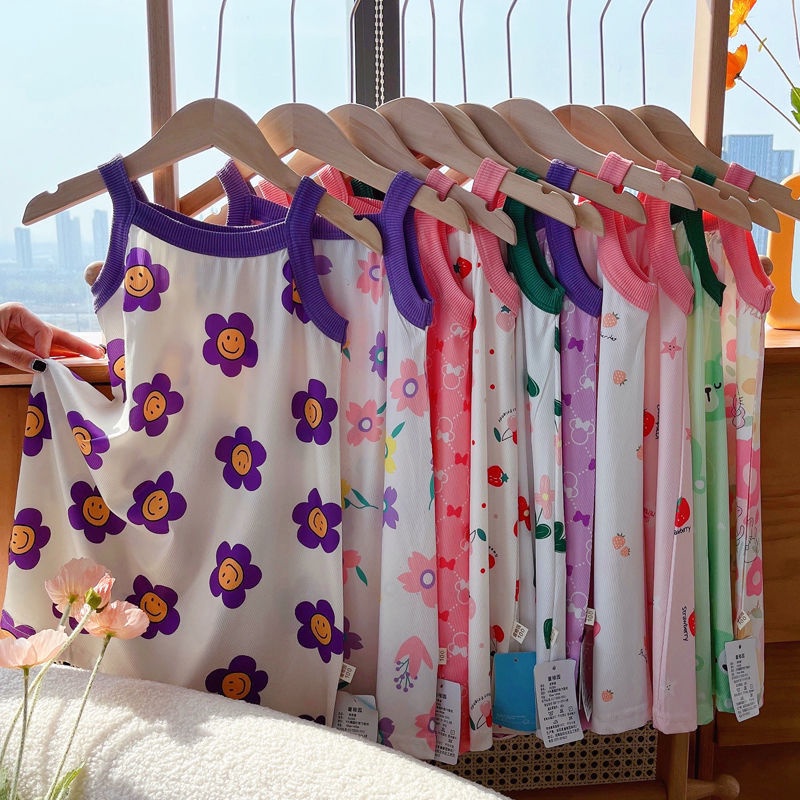 Hàng Mới Về Đầm Công Chúa Hai Dây Mùa Hè 2023 Bằng Lụa Lạnh Họa Tiết Hoa Phong Cách Mới Cho Bé Gái