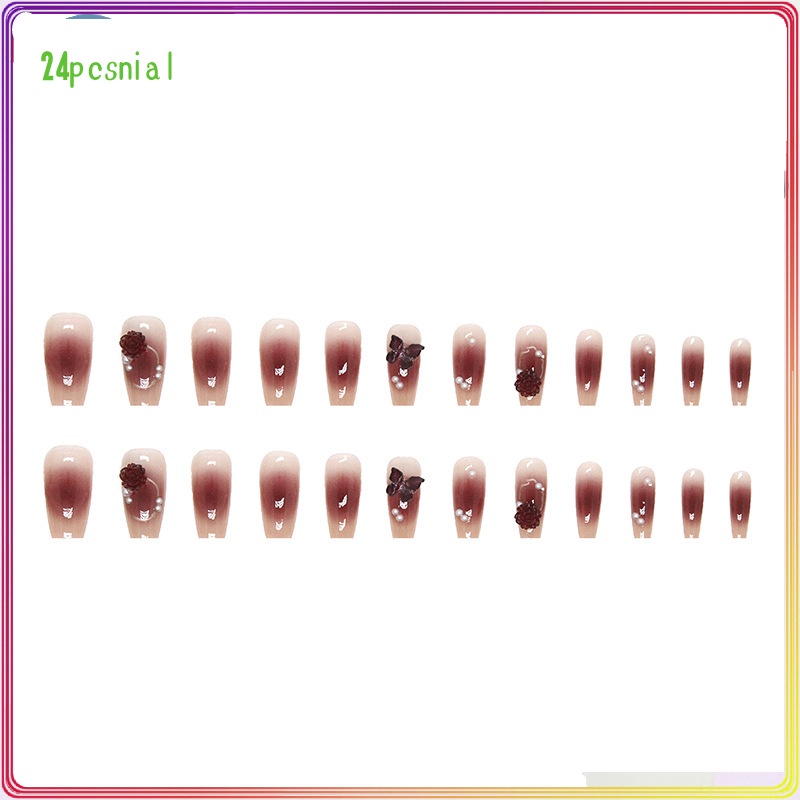 Bộ 24 Phụ Kiện Trang Trí Móng Tay Hình Hoa Trà Và Bươm Bướm Màu Đỏ San Hô Xinh XắnMóng Tay Giả 3d / Móng Tay Giả Kèm Keo Móng Dài/ nơ kèm keo dán dễ thương xinh xắn