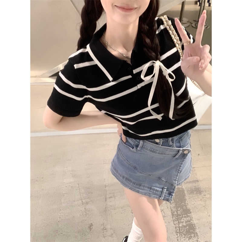 Áo polo Dệt Kim Ngắn Tay Ôm Dáng Họa Tiết Kẻ Sọc Màu Tương Phản Đơn Giản Cho Nữ