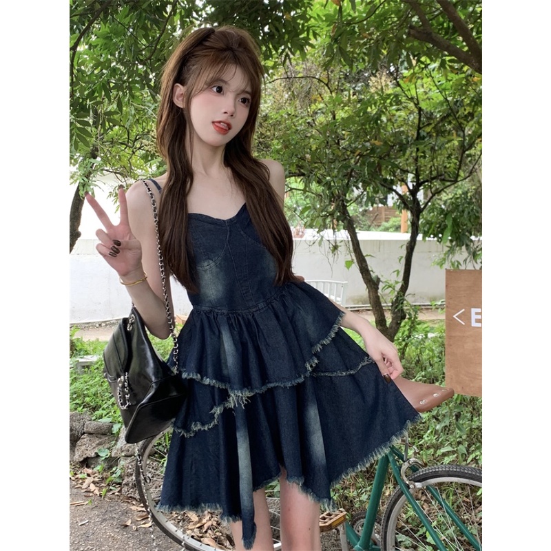 Đầm Denim Hai Dây Dáng Rộng Thời Trang Mùa Hè Quyến Rũ Cho Nữ