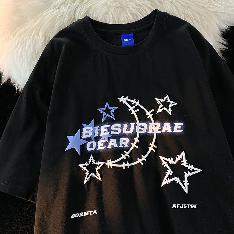 Áo Thun Tay Ngắn In Hình Mặt Trăng Ngôi Sao Vui Nhộn Phong Cách Nhật Bản