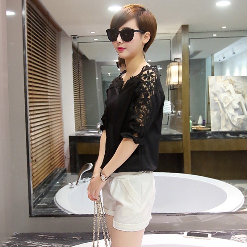 [Hàng Quảng Châu] MS064 Áo sơ mi phối ren cổ thuyền khoét ngực Sunny Shop