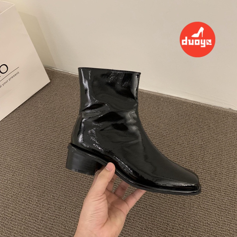 Duoya Tóc Thẳng ~ [Phong Cách Retro] Giày Bốt Martin Da Bóng Gót Vừa Dày Mũi Vuông Phong Cách Anh Quốc