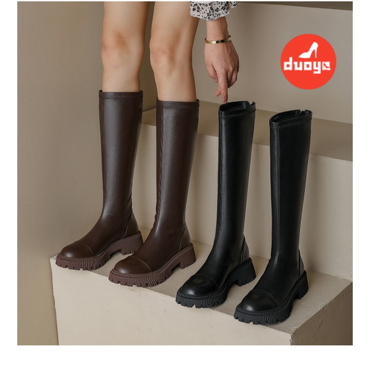 Duoya Factory Thẳng Hàng Có Sẵn ~ [Hàng Có Sẵn] Giày Bốt Dày Màu Nâu Đế Dày Ống Cao Đến Cao Cho Nữ Slimmer Fat mm St