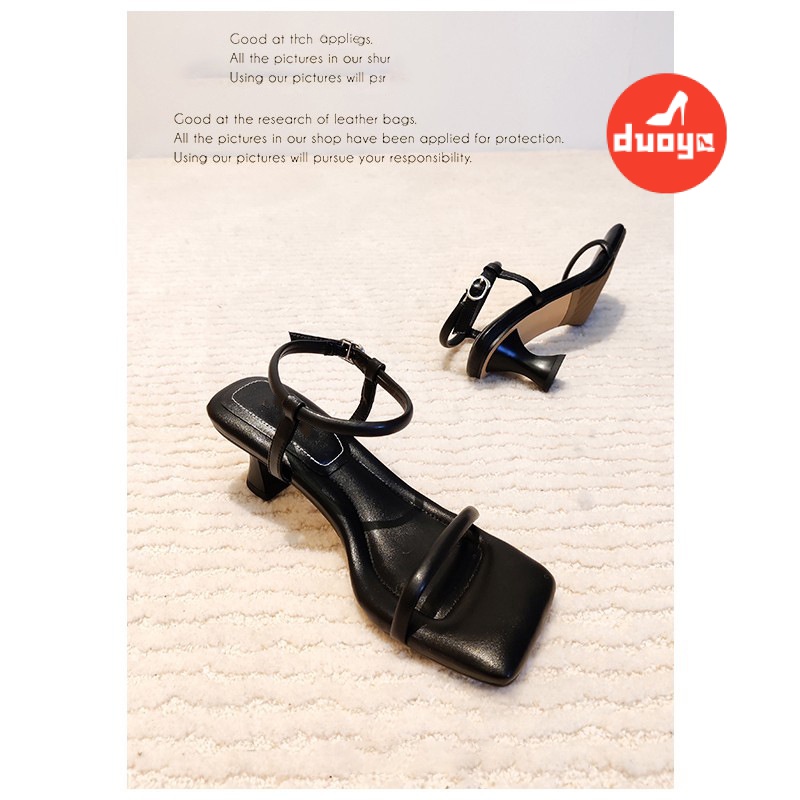 Duoya Tóc Thẳng ~ [Hàng Có Sẵn] Giày Sandal Cao Gót Mũi Vuông Dây Phẳng Màu Đen Niche Cao Cấp Miễn Phí Vận Chuyển