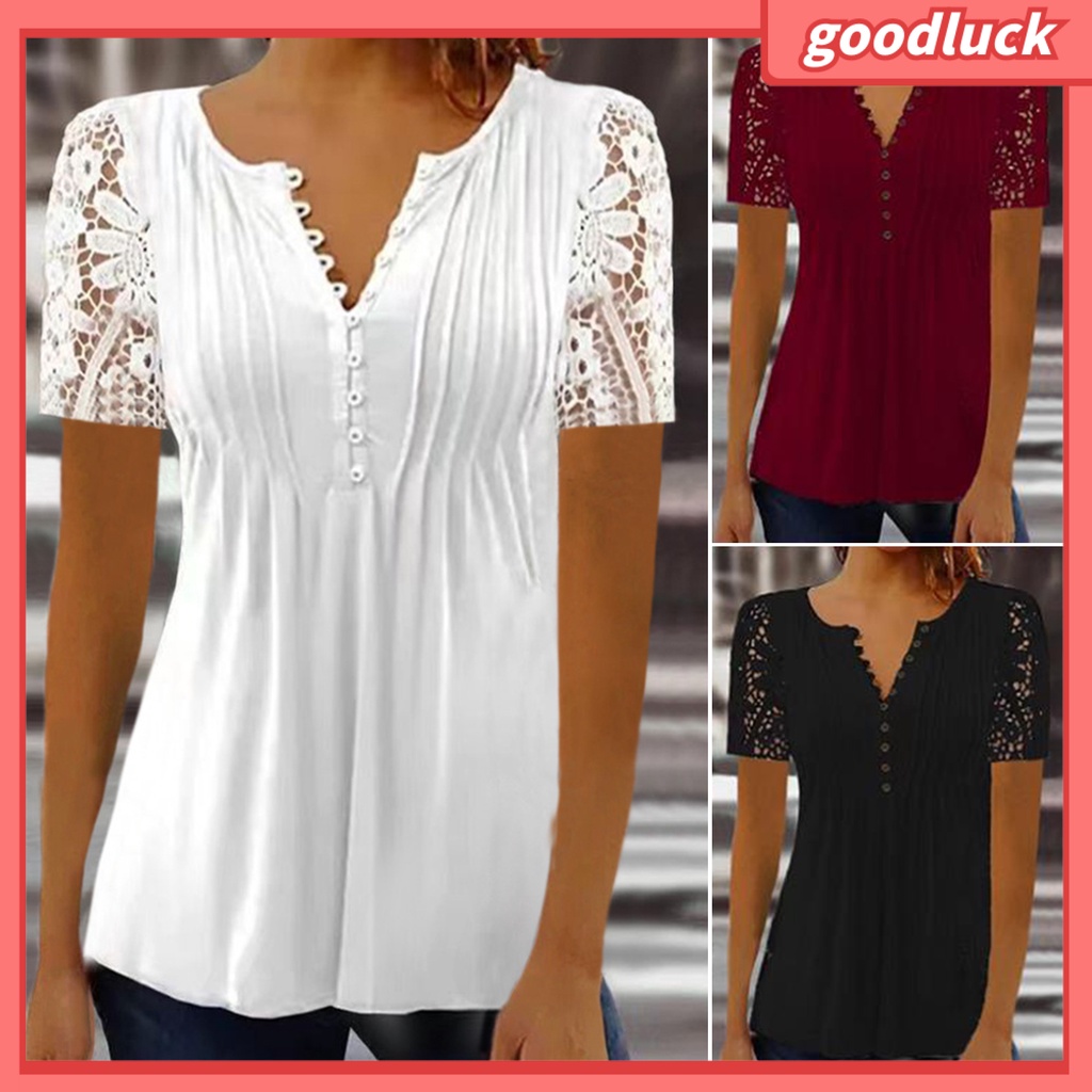 Áo Thun Tay Ngắn Cổ Chữ V Màu Trơn Phối Ren Lưới Xuyên Thấu Thời Trang Mùa Hè Cho Nữ