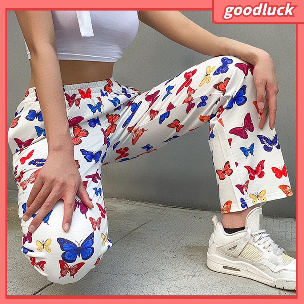 [ULK] Quần Dài Dáng Rộng Có Túi Tăng Chiều Cao In Hình Bướm Dành Cho Nữ Tập Yoga Chạy Bộ