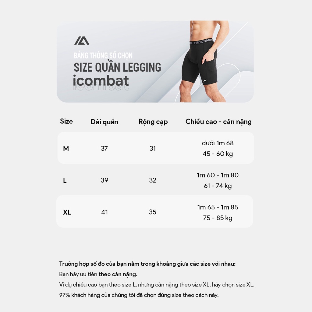 Quần legging thể thao nam ngắn có túi chạy bộ thoáng mát ICOMBAT RUNNING Vải Coolmax™ ½ màu đen màu trắng - QL50