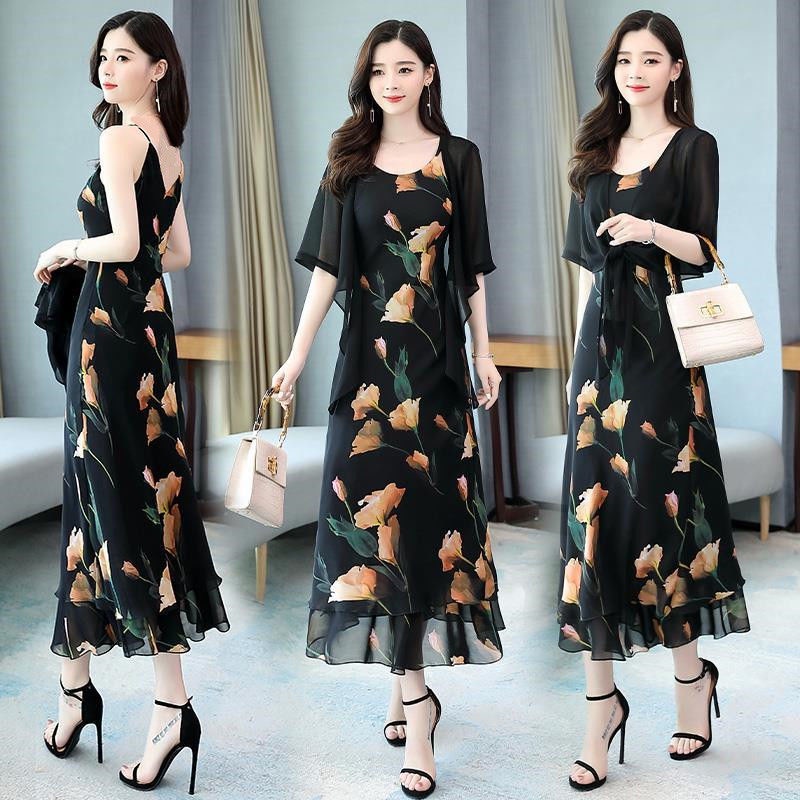 Bộ Đầm Hai Dây + Áo Choàng Dáng Dài In Hoa Bằng Vải Voan Phong Cách Thời Trang Mới 2023