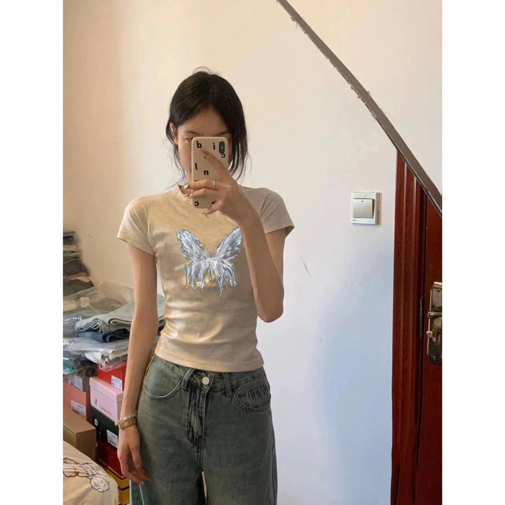 Áo Thun Tay Ngắn In Hình Bướm Phong Cách Mỹ Thời Trang Mùa Hè 2023 Mới Cho Nữ