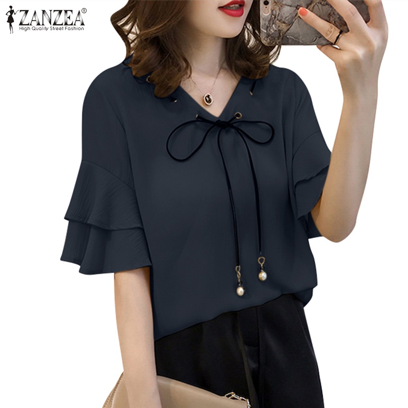 Zanzea Áo Kiểu Tay Phồng Cổ Chữ V Thắt Dây Phong Cách Hàn Quốc Dành Cho Nữ
