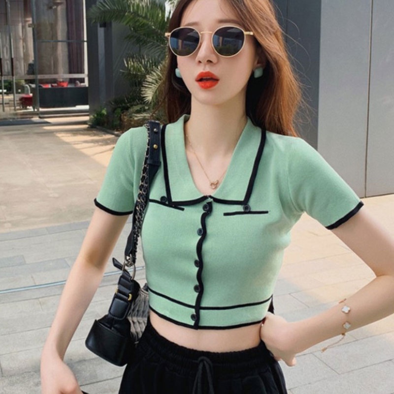 ESEA  Áo polo Dệt Kim Tay Ngắn Dáng Rộng Màu Trắng Thời Trang Mùa Hè Hàng Mới Dành Cho Bạn Nữ