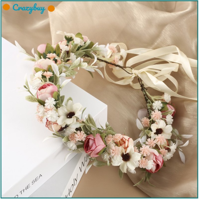 Cr Vòng Hoa Nhân Tạo Đội Đầu Có Thể Điều Chỉnh Phong Cách Boho Cổ Điển Cho Cô Dâu