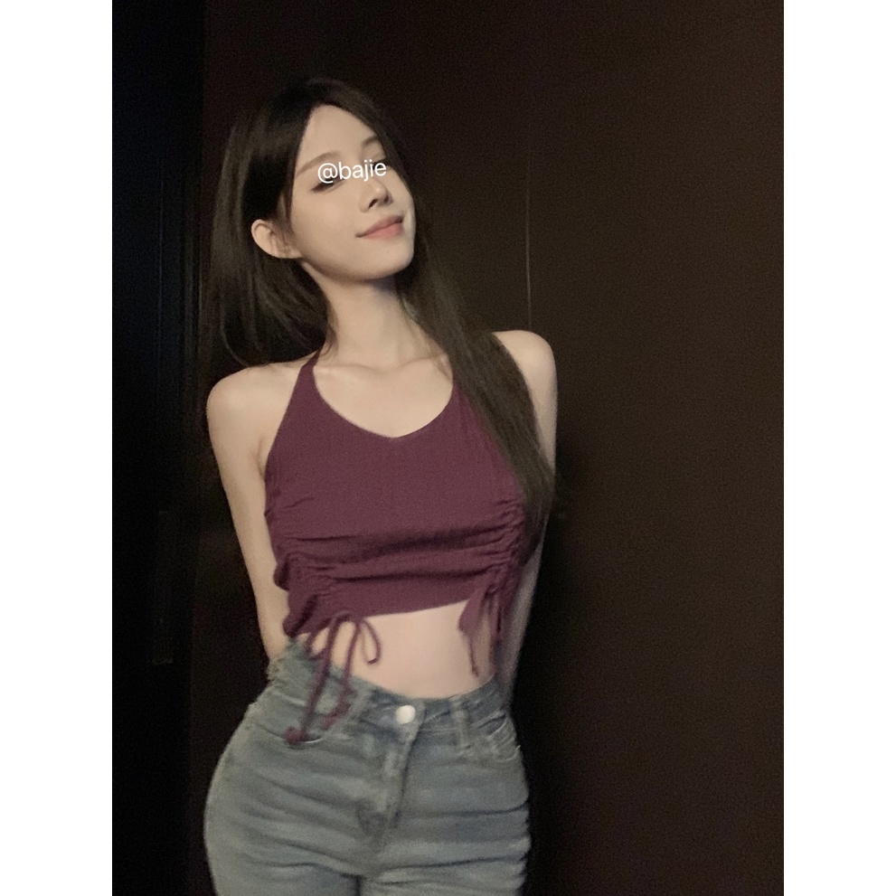 Áo Dệt Kim Hai Dây Rút Dây Dáng Ôm Co Giãn Phong Cách Hàn Quốc