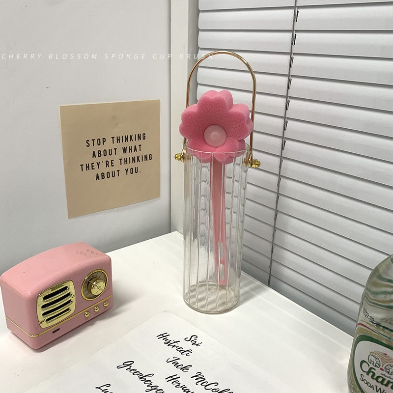 Cọ Xốp Cán Dài Hình Bông Hoa Màu Hồng Dùng Để Vệ Sinh Cốc Thủy Tinh Có Thể Tái Sử Dụng