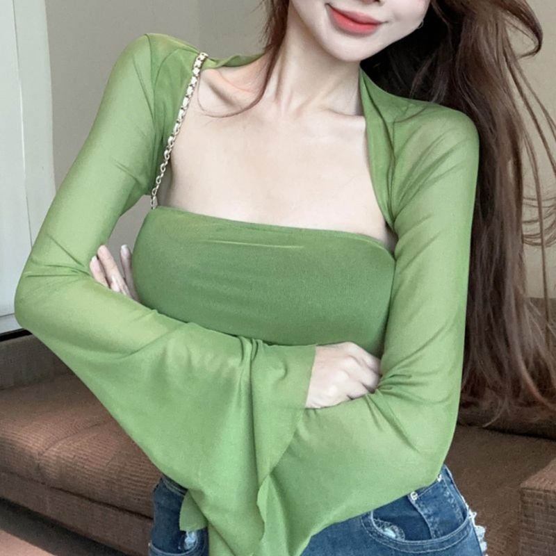 Set Áo Croptop Lưới Tay Dài Và Quần Ống Ôm Màu Trơn Thời Trang Mùa Hè Quyến Rũ Cho Nữ Y2k Grunges