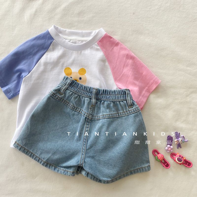Bộ Đồ Áo Thun Tay Ngắn Phối Quần Short Denim Thoáng Khí Thời Trang Mùa Hè Cho Bé Gái