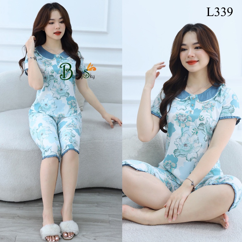 (Bunnysky) Quần áo nữ mặc nhà, Đồ bộ thiết kế mẫu lửng lụa cổ sen 3 khuy giả