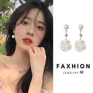 Faxhion Bông Tai Camellia Trắng Thanh Lịch Hoa Ngọc Trai Thả Bông Tai Nữ Phụ Kiện Trang Sức