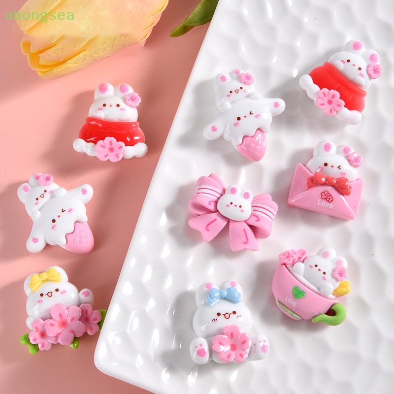 Set 10 Phụ Kiện Trang Trí Điện Thoại Hình Thỏ Và Hoa Mini Bằng Nhựa Resin DIY