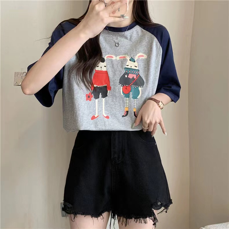 Áo Thun Tay Ngắn Dáng Rộng In Hình Thỏ Màu Sắc Phong Cách Hàn Quốc Thời Trang Mù