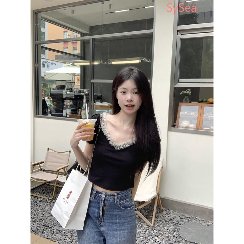 Áo Kiểu Cổ Vuông Phối Ren Thời Trang Mùa Hè Xinh Xắn Cho Nữ