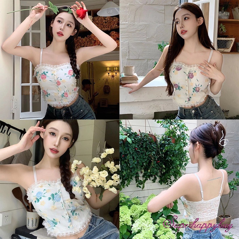 Áo Croptop Sát Nách Họa Tiết Hoa Hồng Phong Cách Retro Cho Nữ