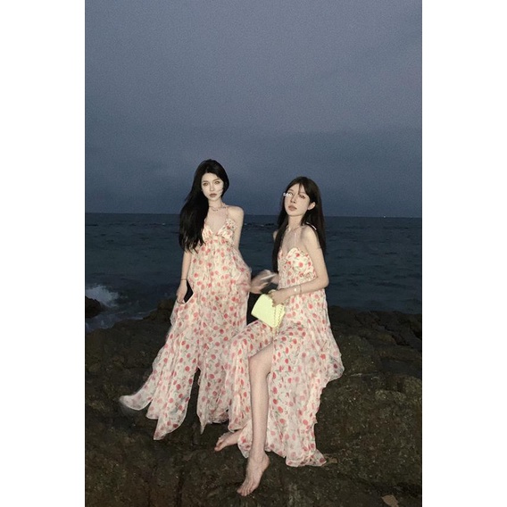 Đầm Dài Xẻ Tà Hở Lưng In Họa Tiết Hoa Thời Trang Mùa Hè Xinh Xắn Cho Nữ