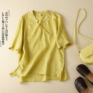Áo Thun Cotton Lanh Tay Ngắn Cổ Đứng Thêu Họa Tiết Nghệ Thuật Mùa Hè