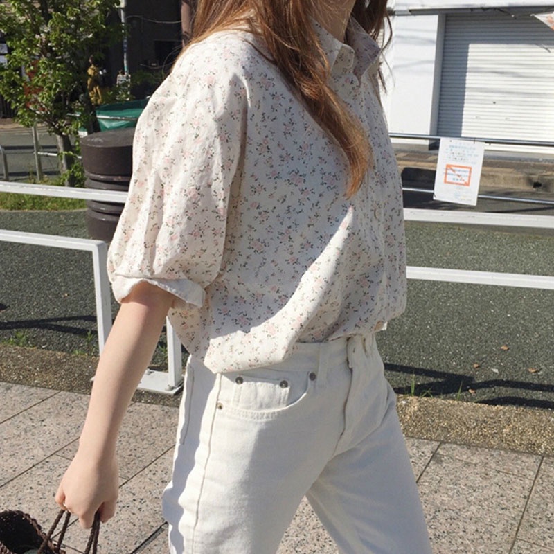 Áo Croptop Tay Ngắn Họa Tiết Hoa Đơn Giản Phong Cách Hàn Quốc Cho Nữ