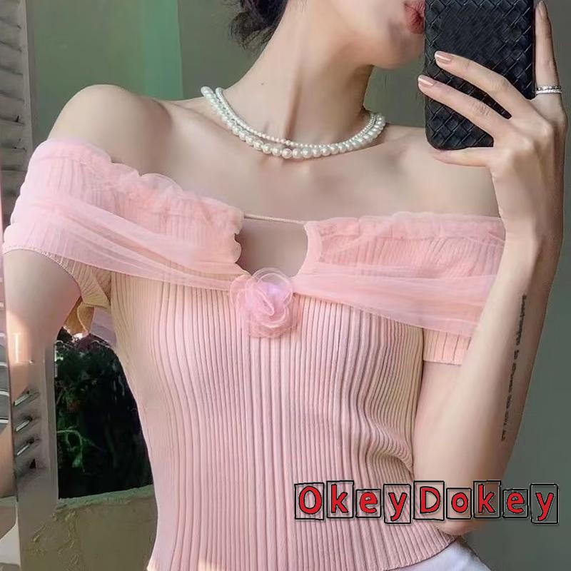 Áo Thun Tay Ngắn Hở Vai Màu Trơn In Họa Tiết Hoa 3D Dành Cho Nữ