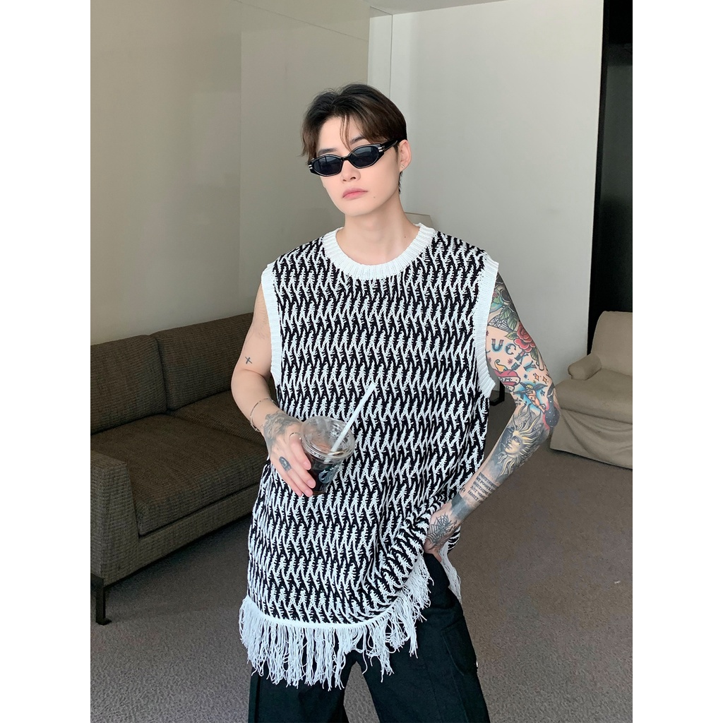 Áo Thun Dệt Kim Sát Nách Dáng Rộng Phối Tua Rua Thời Trang Mùa Hè Cho Nam