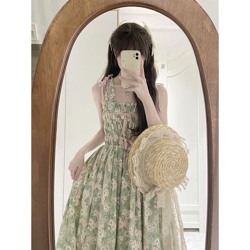 Đầm Công Chúa Hai Dây Dáng Dài Họa Tiết Hoa Dễ Thương Thời Trang Mùa Hè