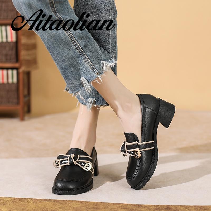 Giày Lười Da Thật Đế Bằng 4.5cm Thắt Nơ Xinh Xắn Hợp Thời Trang Cho Bạn Gái