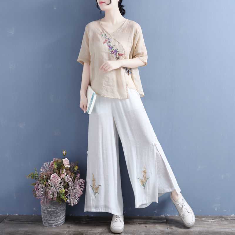 Áo cotton Lanh Mỏng Tay Lửng Dáng Rộng Thêu Họa Tiết Phong Cách Dân Tộc retro