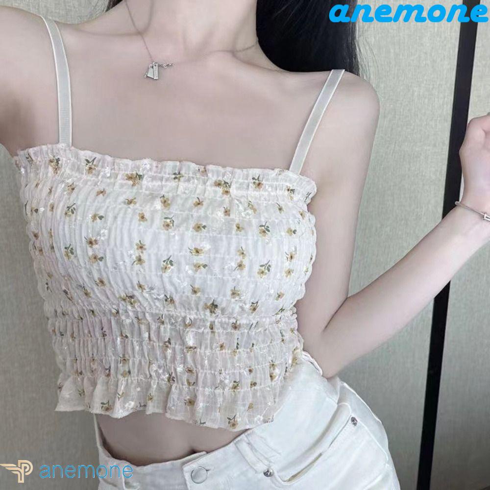 Áo Croptop Mềm Mại In Họa Tiết Hoa Có Đệm Ngực Cổ Điển Phong Cách Hàn Quốc Thời Trang Mùa Hè
