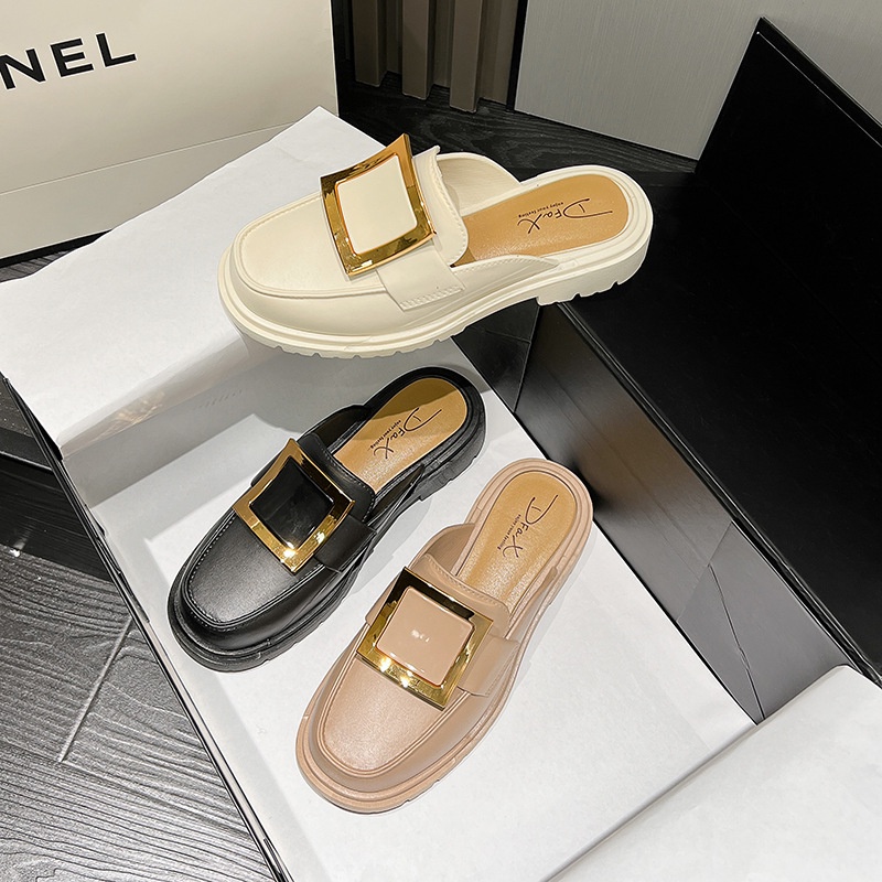 Giày Sandal Đế Xuồng Phối Khóa Kim Loại Vuông Phong Cách Hàn Quốc Mới