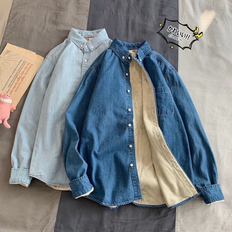 Áo Sơ Mi denim Tay Dài Lót Lông Cừu Dày Dặn Giữ Ấm Phong Cách Hàn Quốc Thời Trang Thu Đông Cho Nam