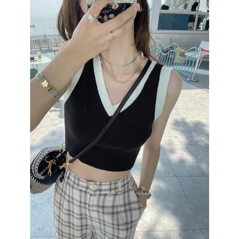 SUXI Áo Tank Top Dệt Kim Cổ Chữ V Màu Sắc Tương Phản Phong Cách Vintage Dành Cho Nữ
