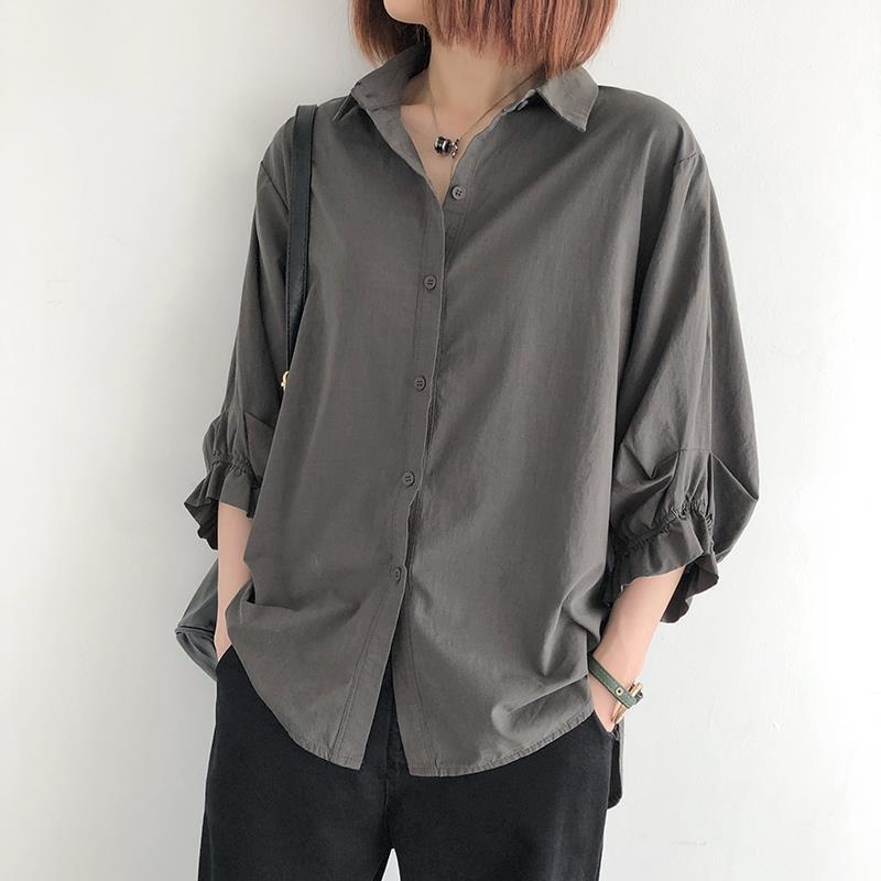 Áo Sơ Mi Tay Lửng Dáng Rộng Phong Cách Retro Đơn Giản