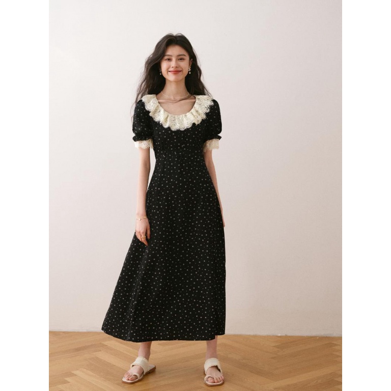 Đầm Tay Ngắn Cổ Lá Sen Màu Đen Phong Cách Pháp Thời Trang Mùa Hè 2023 LT4S