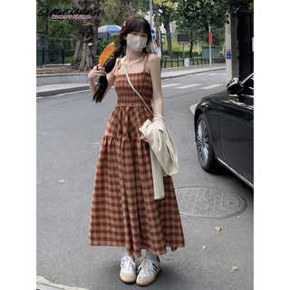 Sugemiusi Đầm Xòe Hai Dây Dáng Dài Qua Gối Ôm Eo Xếp Ly Kẻ Sọc Caro Phong Cách Retro Mùa Hè Mới Cho Nữ